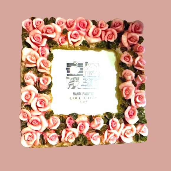 Hand Painted Pink Rose Resin Picture Frame | Shabby Cottage Floral Vintage Decor - Picture 9 of 9